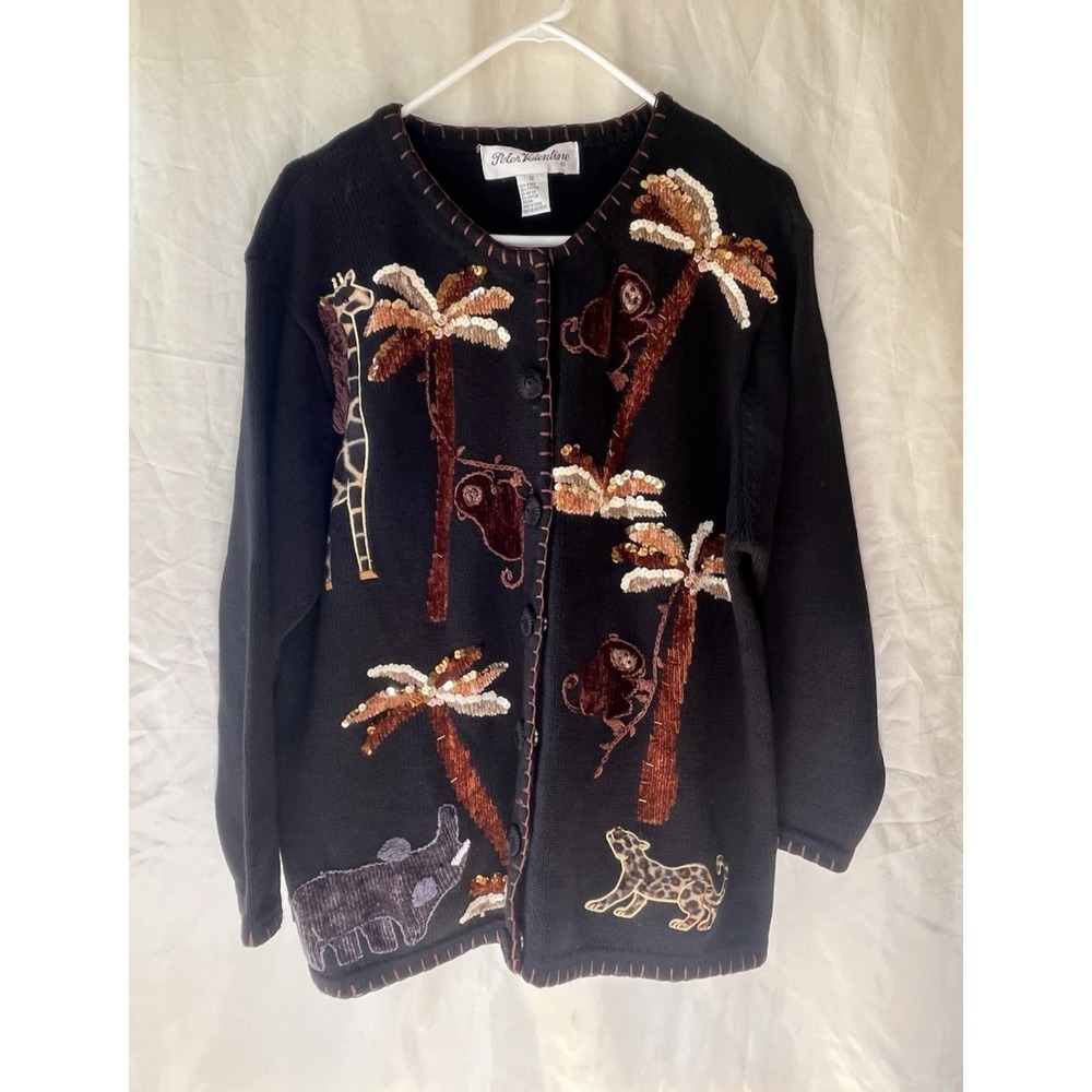 VTG Peter Valentine 1X Safari Animal Sweater Monkey Elephant Leopard Sequin‎